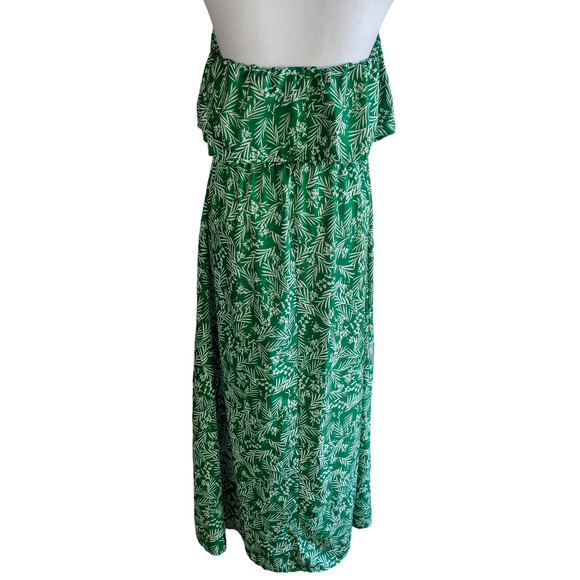 Womens Green Leaf Print Strapless Ruffle Drawstring Long Maxi Dress Size Large - Picture 4 of 9